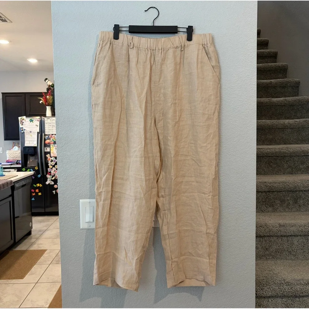 Quince European Linen Wide Leg Pants Driftwood Beige Elastic Waist XL
